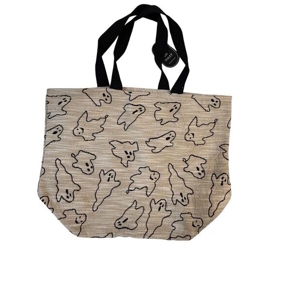 Halloween Book Tote Bag Ghost Print Canvas Reusable Shopping Bag Trick or Treat - Picture 1 of 6